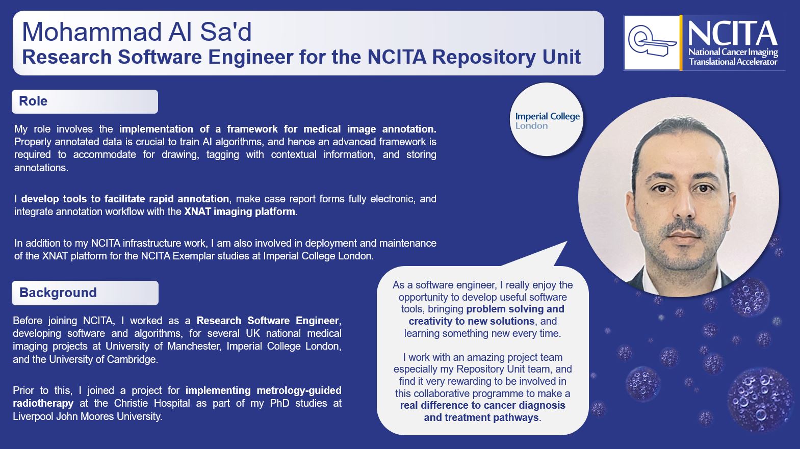 Mohammad Al Sa'd, Research Software Engineer for the NCITA Repository unit, provides an overview of his role as a Research Software Engineer for the NCITA Repository Unit
