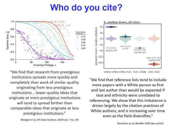Dr Heather Williams lecture: slide highlighting papers by Morgan et al. (2018)  and Bertolero et al, (2020, pre-print) on who to cite